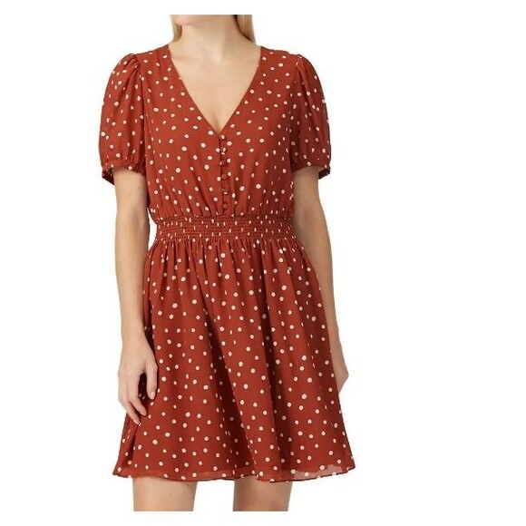 Madewell Smocked Waist Mini Dress Orange Dots - XS - Picture 1 of 6